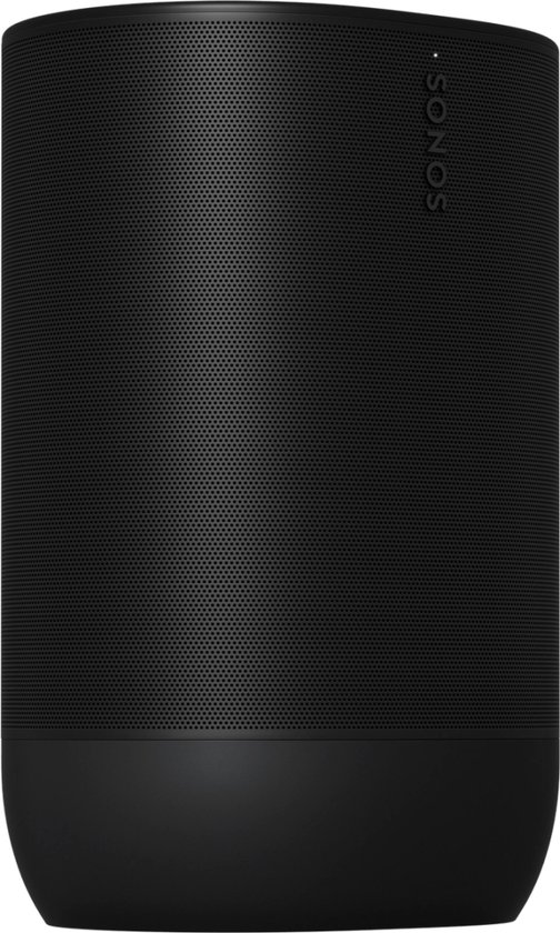 Zwarte Sonos Move speaker, licht schuin van voren gezien.