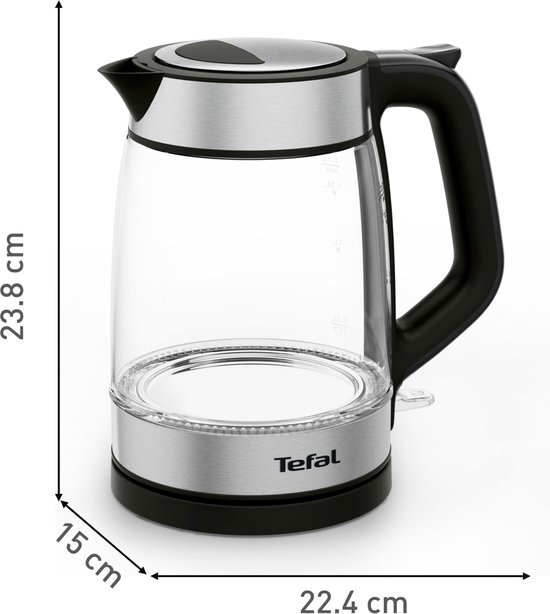 Glazen waterkoker met zilverkleurige en zwarte details, afmetingen 23.8 cm hoog en 22.4 cm breed.