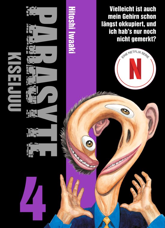 Parasyte deel 4 cover met een vervormd hoofd met ogen en tanden, een Netflix-logo en Duitse tekst.