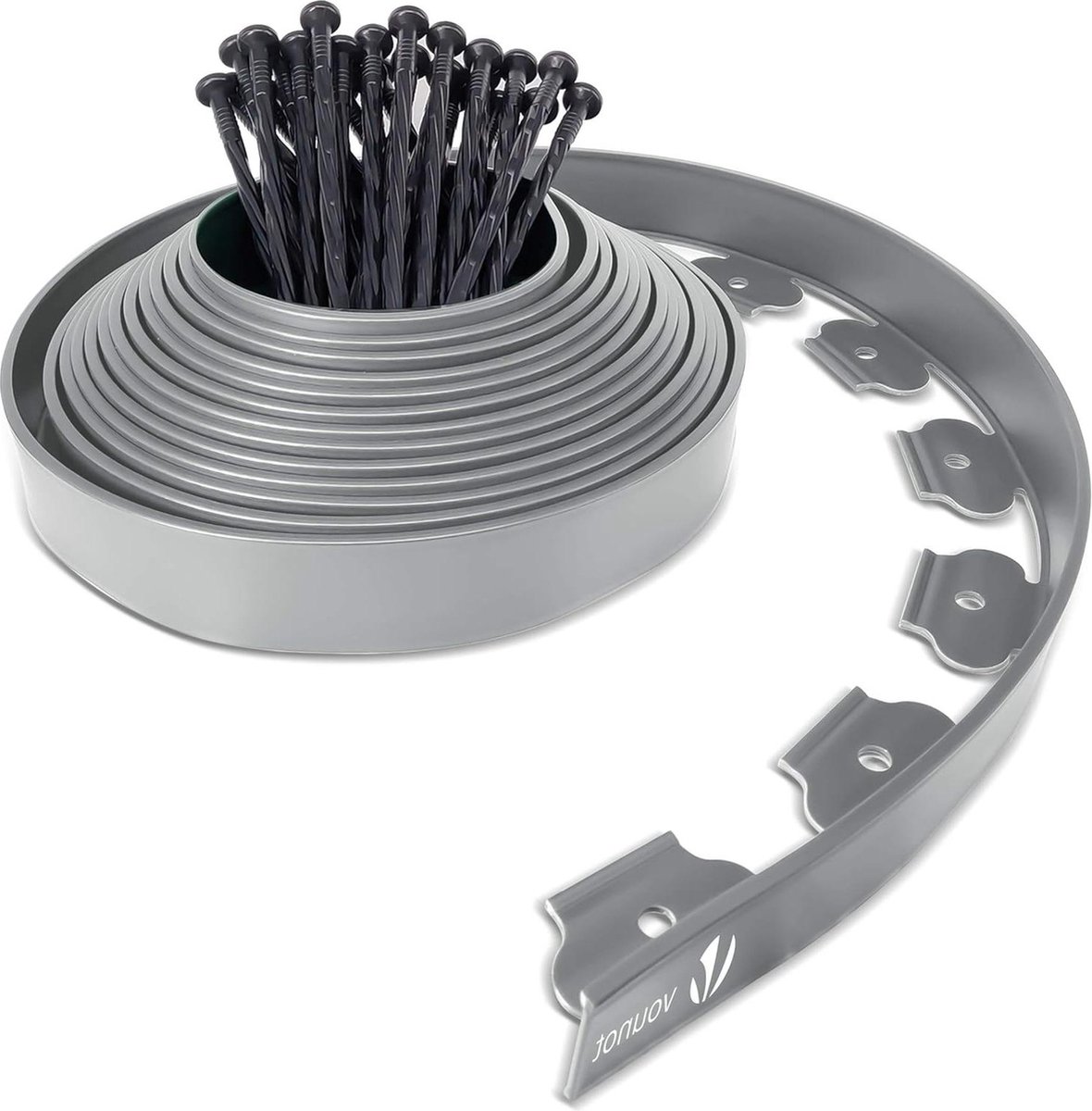Flexibele gazonrand - 10 m kunststof met 30 haringen - robuust en hoogte 50 mm - grijs