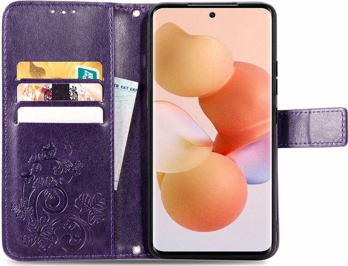 Mobigear Telefoonhoesje geschikt voor Xiaomi 12 Lite Hoesje | Mobigear Clover Bookcase Portemonnee | Pasjeshouder voor 3 Pasjes | Telefoonhoesje voor Pinpas / OV Kaart / Rijbewijs - Paars
