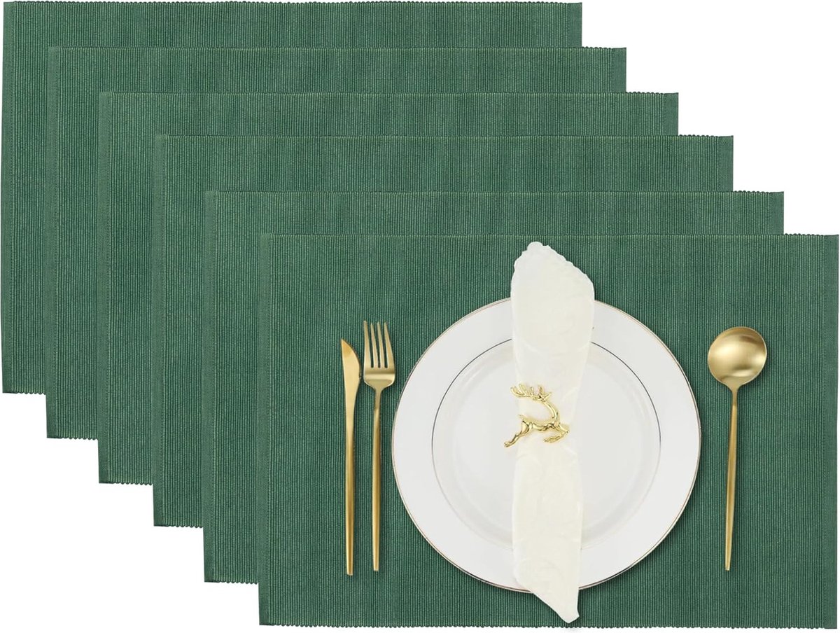 Keukenplacemats, set van 6, omkeerbare katoenen eettafelplacemats, 33 x 48 cm, bladgroen