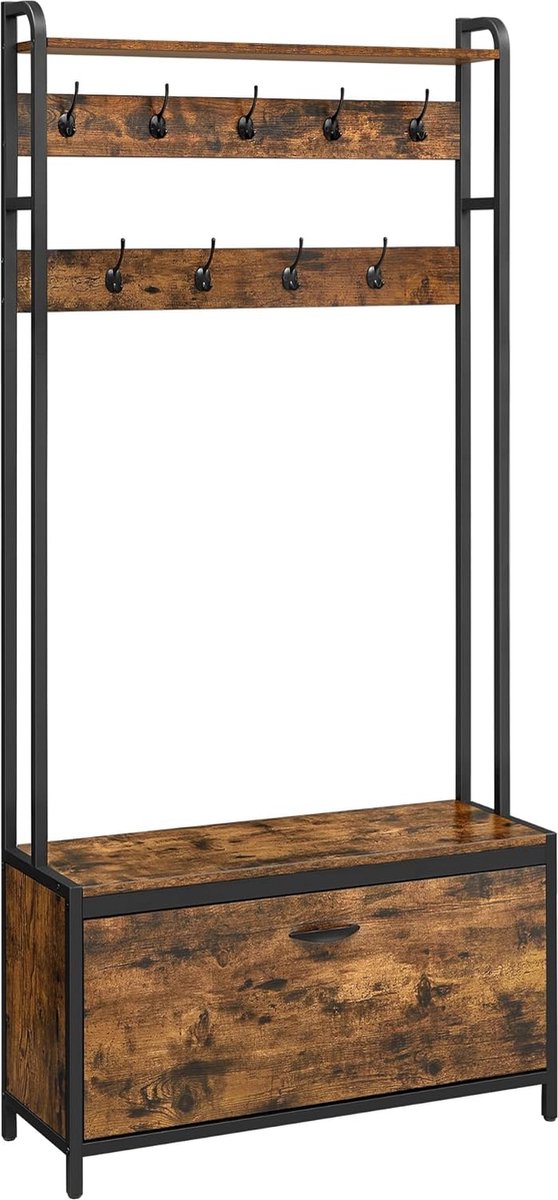 FurnStar - Kapstok met schoenenopberger - Met bank - 9 haken en bovenste plank - Voor hal - Slaapkamer - Industriële stijl - Rustiek bruin en Zwart