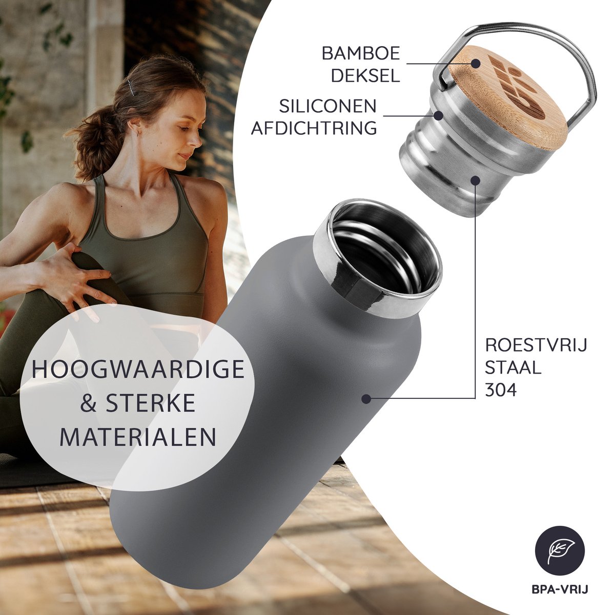 Bambaw® 1 Liter RVS Thermosfles - Isoleerfles, Dubbelwandig, Lekvrijen, loodvrij en Plasticvrij Geïsoleerde Fles met Bamboe Deksel voor Warme en Koude Dranken - Ideaal voor Reizen, Werk, Wandelen en Dagelijks Gebruik – donkergrijs — cadeau in Sport & Outdoor - foto 2