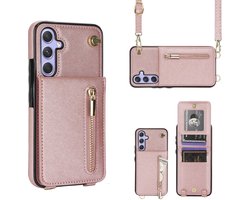 Geschikt Voor Samsung Galaxy S23 FE Hoesje Met Koord - Solidenz Portemonnee Hoes S23 FE - Telefoonhoesje Met Koord S23 FE - Wallet Case - Cover Hoes Met Koordje - S23FE - Rosegoud