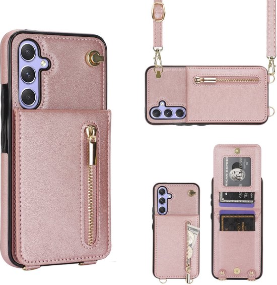 Coque de téléphone rose avec fermeture éclair, fente pour carte et cordon amovible. Montre la coque ouverte avec des cartes et de l'argent liquide.