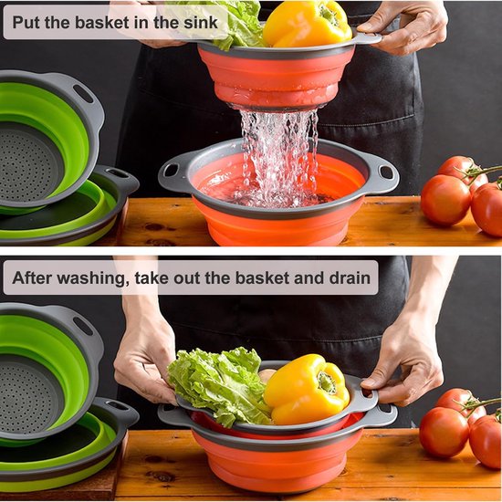 2 stuks pastazeef, opvouwbare zeef, vouwzeef, afdruipzeef in siliconen, doorslagzeef, keukenzeef, comfortabel wassen van groenten en fruit, pastafiltering, opslag in de keuken, camping dragen — afbeelding 2