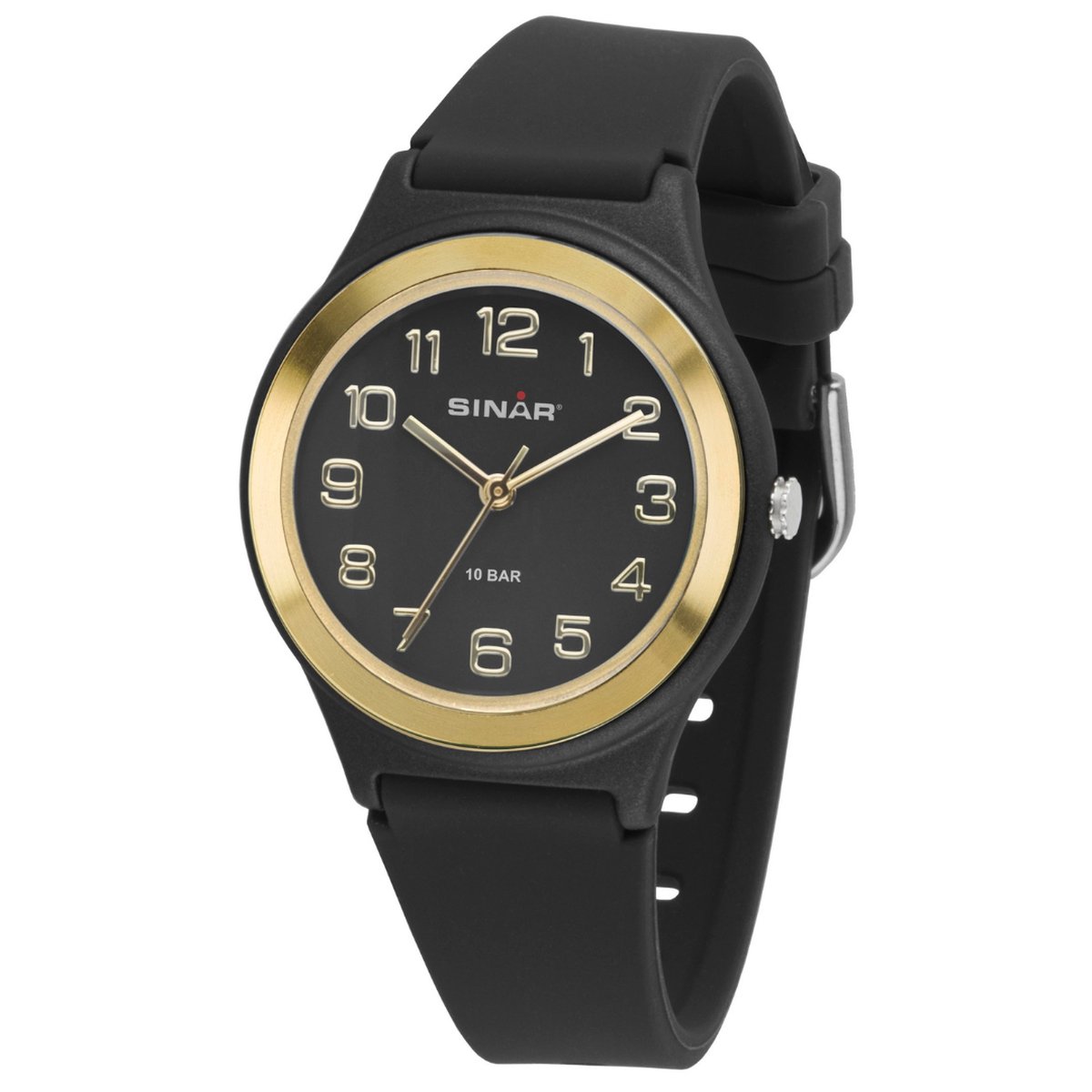 Sinar - Horloge Kind - Tiener - Jeugd - Kinderhorloge Jongen - Meisje - Tiener - Jeugd - 10 bar Waterdicht - Analoog - Zwart - Goud - Ø 36 mm - Stevig Siliconen bandje - Verstelbaar (13 - 18,5 cm) - Edelstalen Sluiting - Quartz - XB-48-10