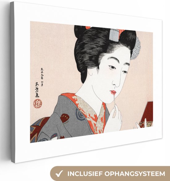 Canvas schilderij 160x120 cm - Wanddecoratie Vintage - Japans - Vrouw - Make up - Muurdecoratie woonkamer - Slaapkamer decoratie - Kamer accessoires - Schilderijen