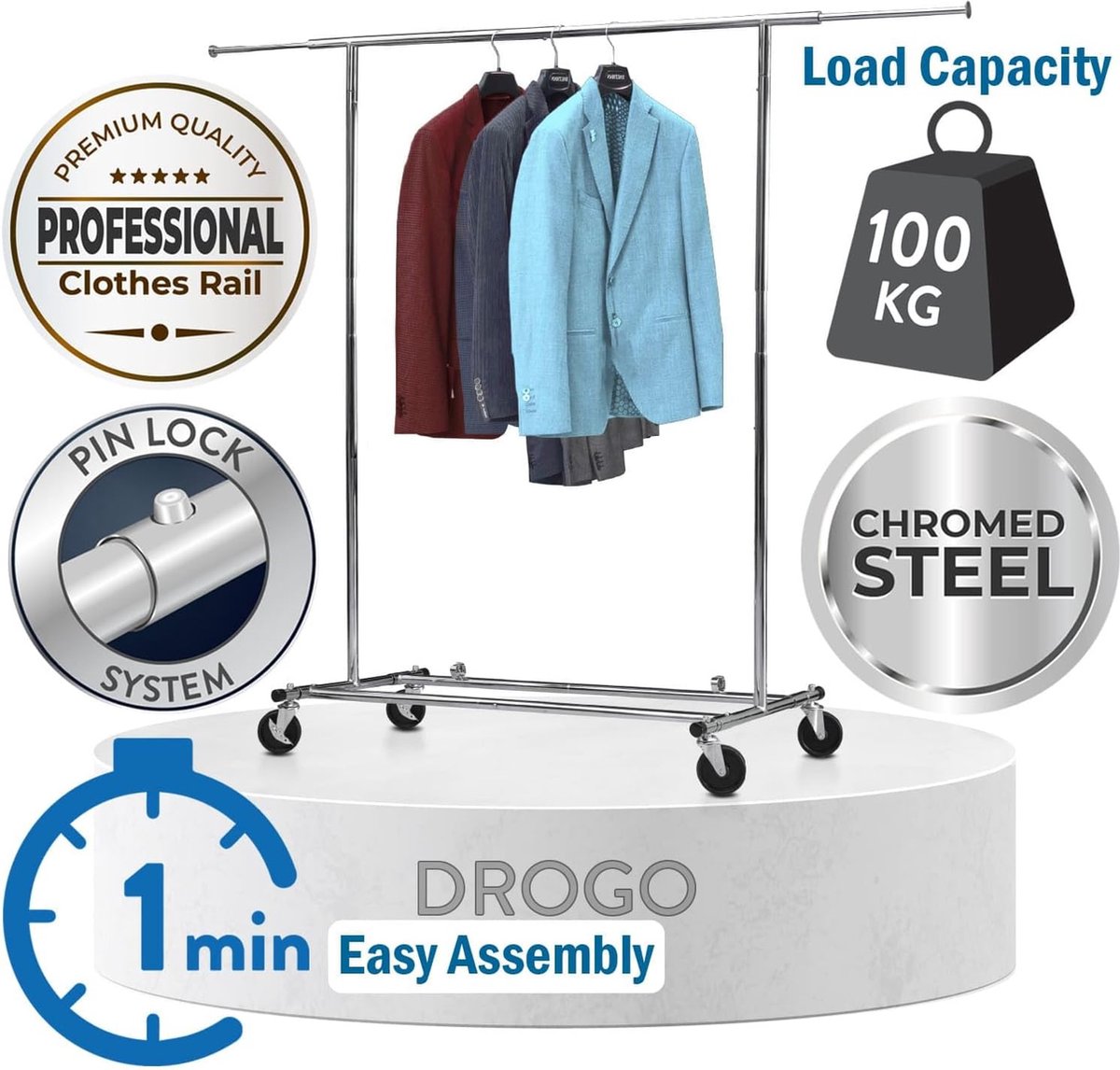 Heavy Duty Metalen Kledingrek Stevig Mobiel Telescopisch Verstelbaar Kleren Rek Op Wielen Inklapbaar 100 KG Belastbaar