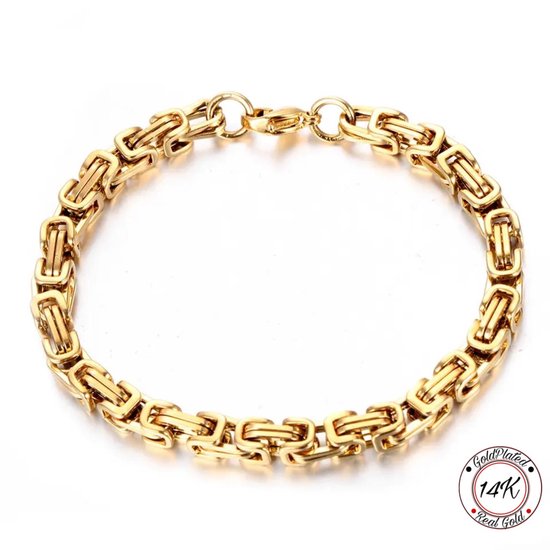 Borasi Koningsarmband Goudkleurig | 14K Goldplated | 21 cm | Koning Schakel | Heren Armband | Unisex Armband | Armbanden | Luxe Geschenkzakje | Cadeau Voor Hem | Cadeau Voor Haar | Hoogwaardig RVS | Heren Sieraden |