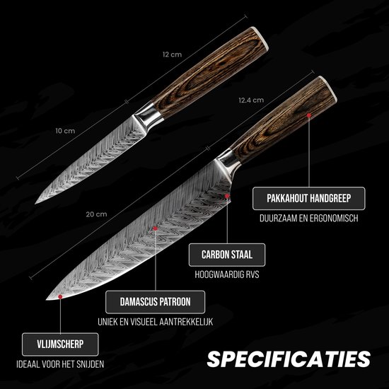Master Knives Koksmes 20 cm + Groentemes – Met Slijper en Vingerbeschermer – Vlijmscherp Messenset - Keukenmessen