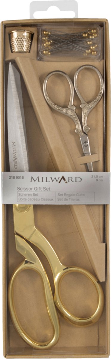 Schaar: Geschenkset: Dressmaking (21,5cm) en Embroidery (9,5cm), Vingerhoed & Spelden: Goud