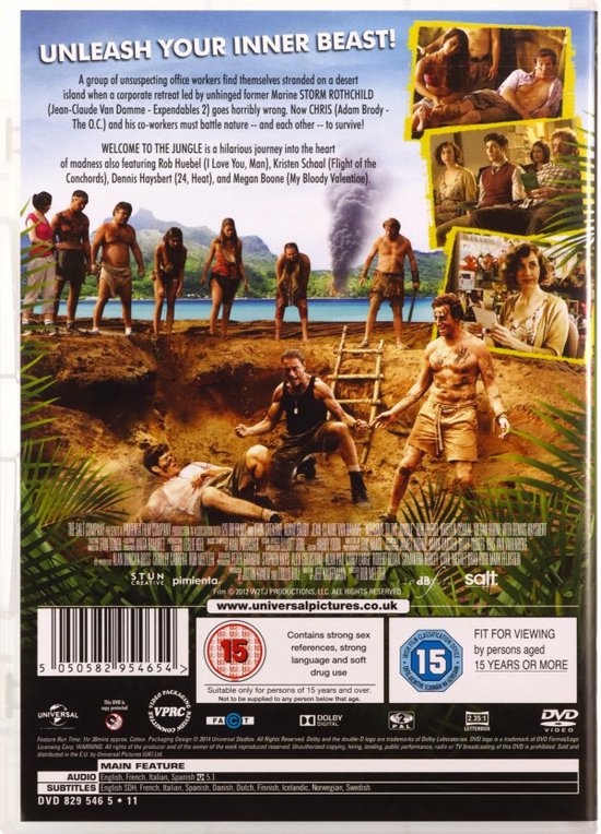 Achterkant DVD "Welcome to the Jungle" met een groep overlevenden in een jungle omgeving en filmdetails.
