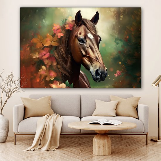 Canvas schilderij 180x120 cm - Wanddecoratie kinderkamer Paard - Bloemen - Natuur - Dieren - Bos - Oranje - Muurdecoratie babykamer - Kamer decoratie voor jongens en meisjes - Baby accessoires - Schilderijen