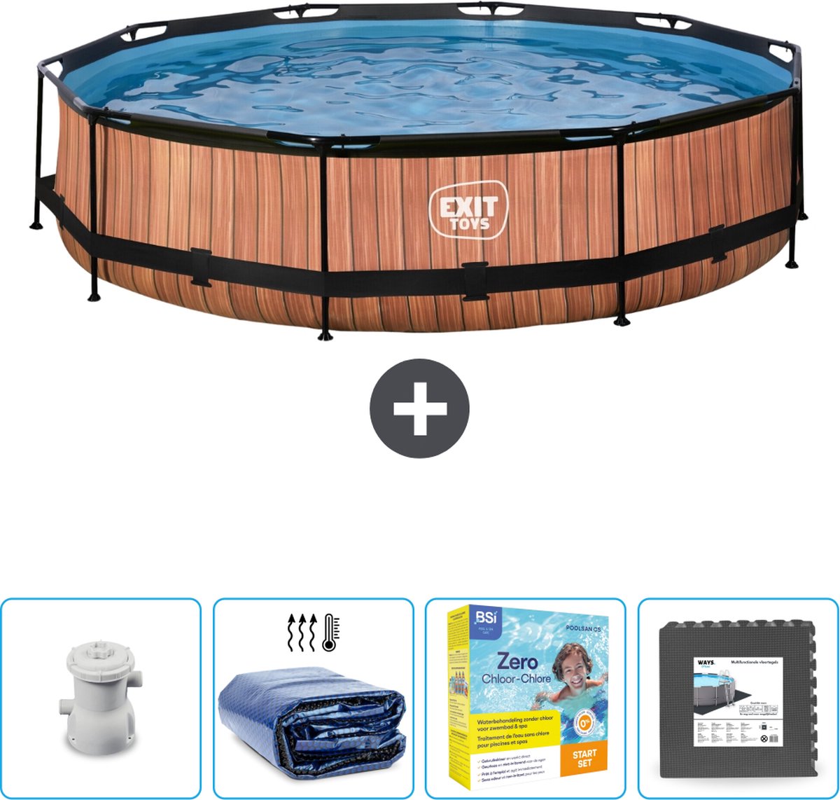 EXIT Rond Wood Frame Zwembad – 360 x 76 cm – Inclusief Pomp Solarzeil – Onderhoudspakket – Vloertegels – Nu extra voordelig