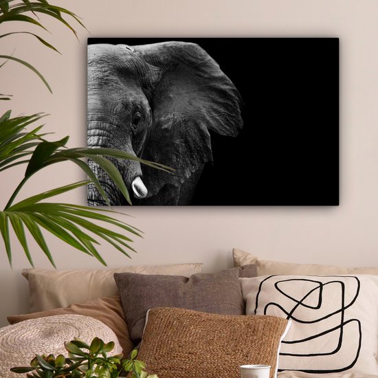 Peinture sur Toile - Animaux Sauvages - Éléphant - Zwart - Wit - Décoration murale - Toile - 60x40 cm - Canvasdoek sur Toile - Salon