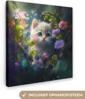 Canvas schilderij 90x90 cm - Wanddecoratie kinderkamer Kitten - Bloemen - Bos - Illustratie - Poes - Muurdecoratie babykamer - Kamer decoratie - Baby accessoires - Schilderijen jeugdkamer