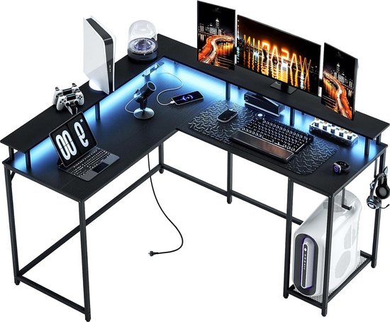 Foto: Hoekbureau l vormig gamingbureau met stopcontact ledverlichting zwart opslag monitorstandaard 136 cm pc tafel bureautafel hoekbureau