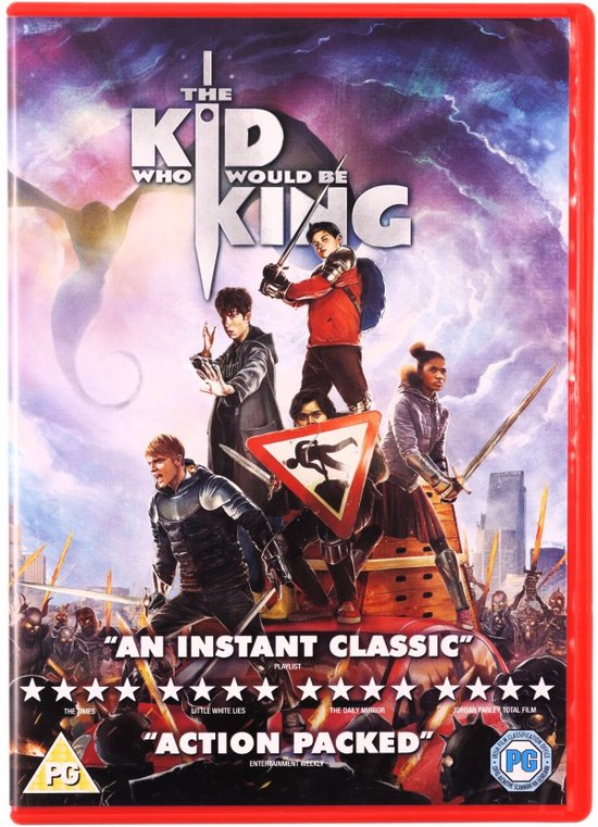 Voorzijde van de dvd-hoes met de titel 'The Kid Who Would Be King' en een afbeelding van vijf jongeren die zwaarden vasthouden.