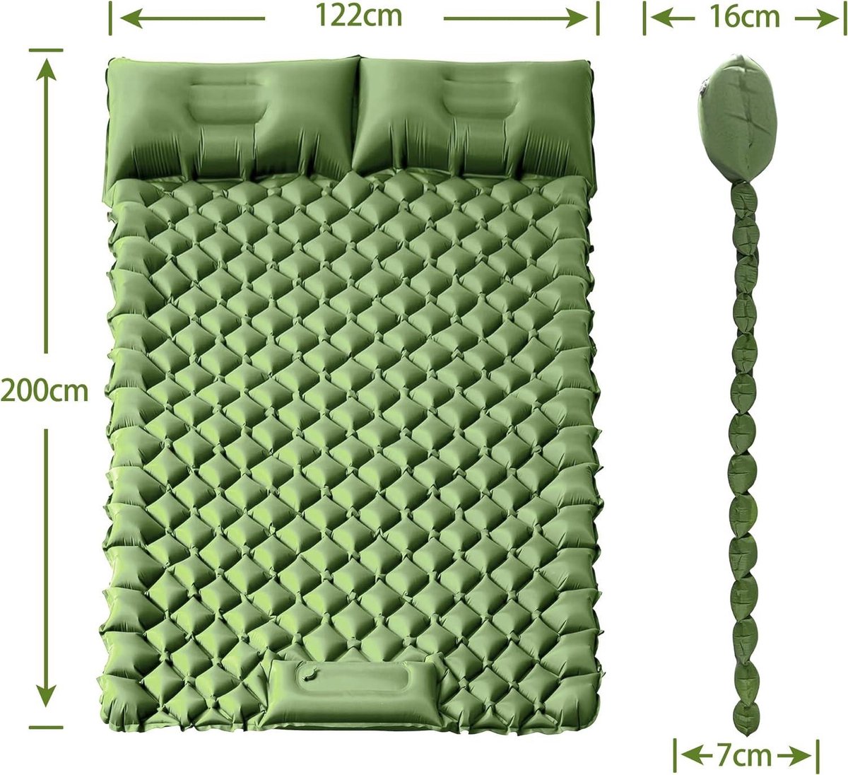EULANT Zelfopblazende campingmat, ultralicht, voor kamperen, wandelen, korte reizen, vissen, strand, compact en met geïntegreerde voetpomp, groen