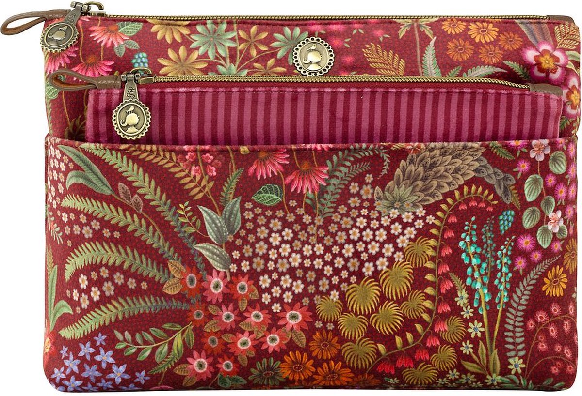 Pip Studio Caryn Make up tasje - Querida Velvet Toilettas - Rood - 26x7.5x18cm