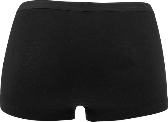 Achterkant van een zwarte dames short met een elastische tailleband.