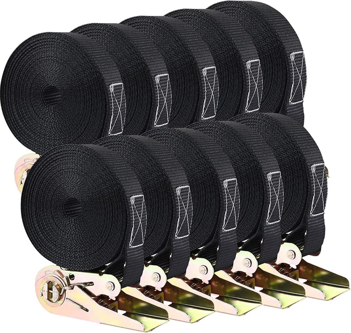 Spanbanden met ratel 6 m lang 25 mm ratelriemen Set van 10 stuks Belasting 800 kg Voor het vastzetten van lading Robuust en zwart