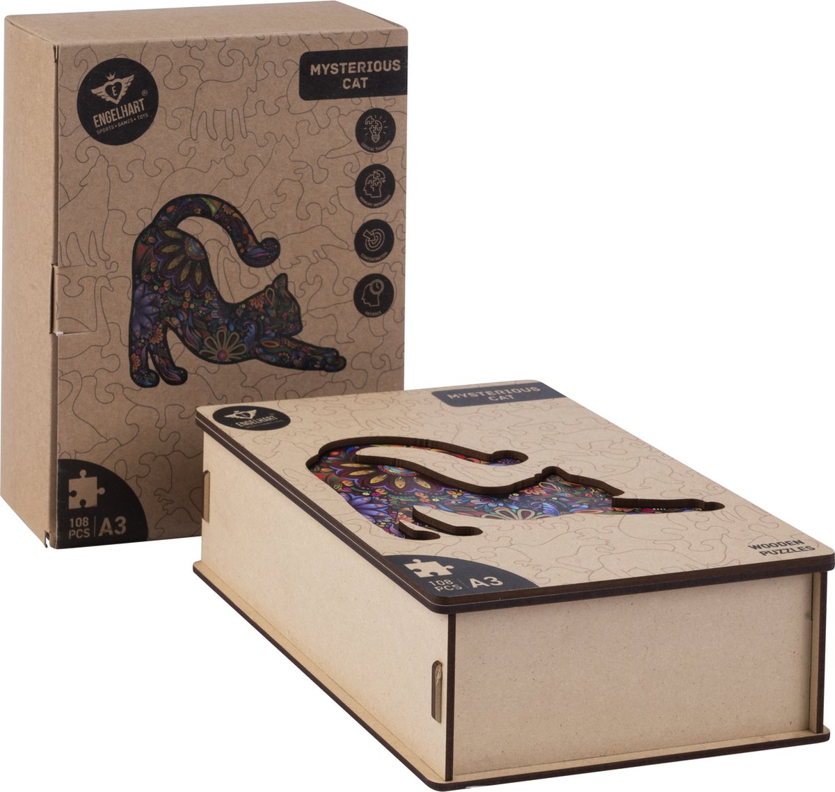 Houten Puzzel Kat – 108 Unieke Puzzelstukjes – A3 Formaat Grote Houten Legpuzzel – Dieren Puzzelspel – Compact en Ontspannend Denkspel – Inclusief Opbergetui – Engelhart — afbeelding 12