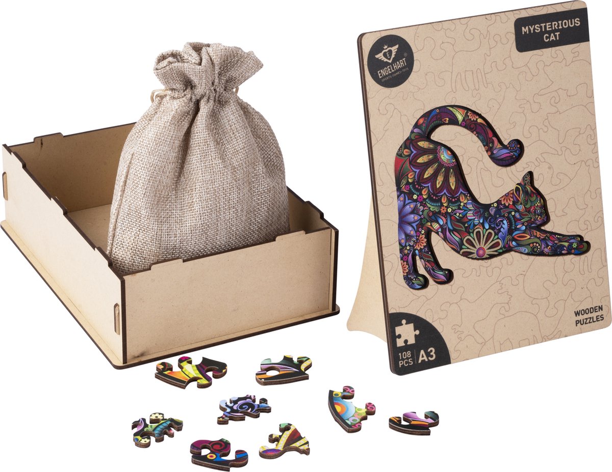Houten Puzzel Kat – 108 Unieke Puzzelstukjes – A3 Formaat Grote Houten Legpuzzel – Dieren Puzzelspel – Compact en Ontspannend Denkspel – Inclusief Opbergetui – Engelhart — afbeelding 11