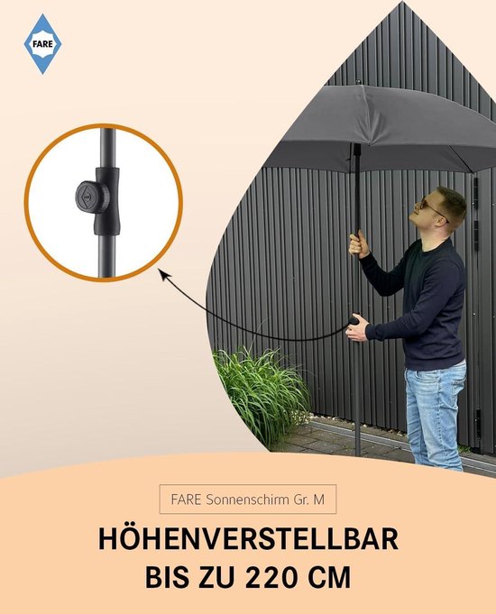 FARE Parasol - UV-bescherming 50 voor balkon tuin terras zomer - titanium afwerking knikinrichting draaivastzetter incl. draagtas, grijs, 235 cm, Elegant