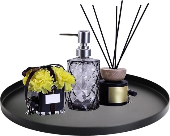 WIYETY Plateau Métal Noir 32 Cm - Plateau Rond Déco - Pour Café, Bijoux, Cosmétiques - Design Moderne
