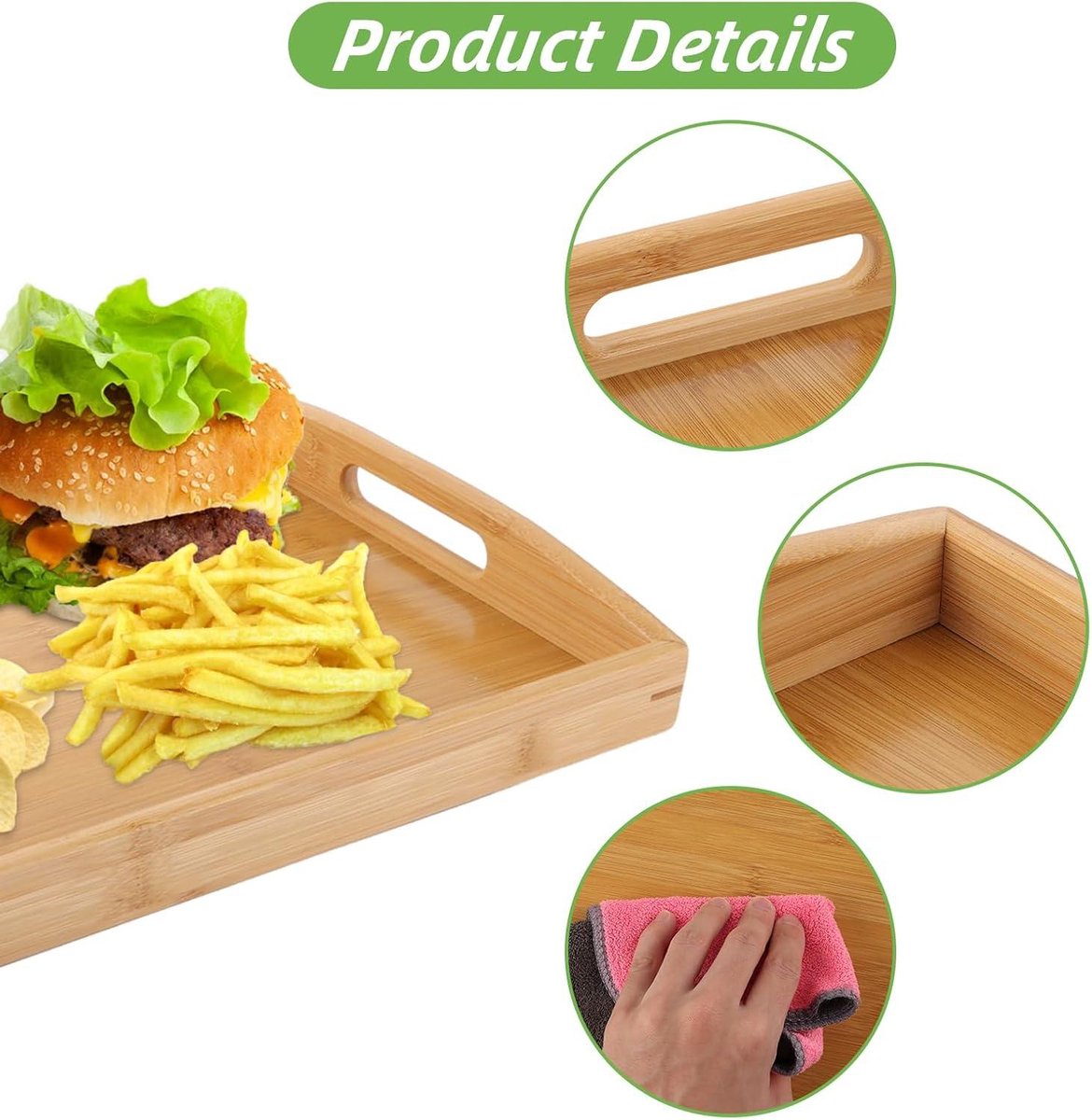 Plateaux Service Bambou 2 Pièces | 38x25cm Et 30x20cm | Avec Poignées | Pour Repas, Petit-déjeuner