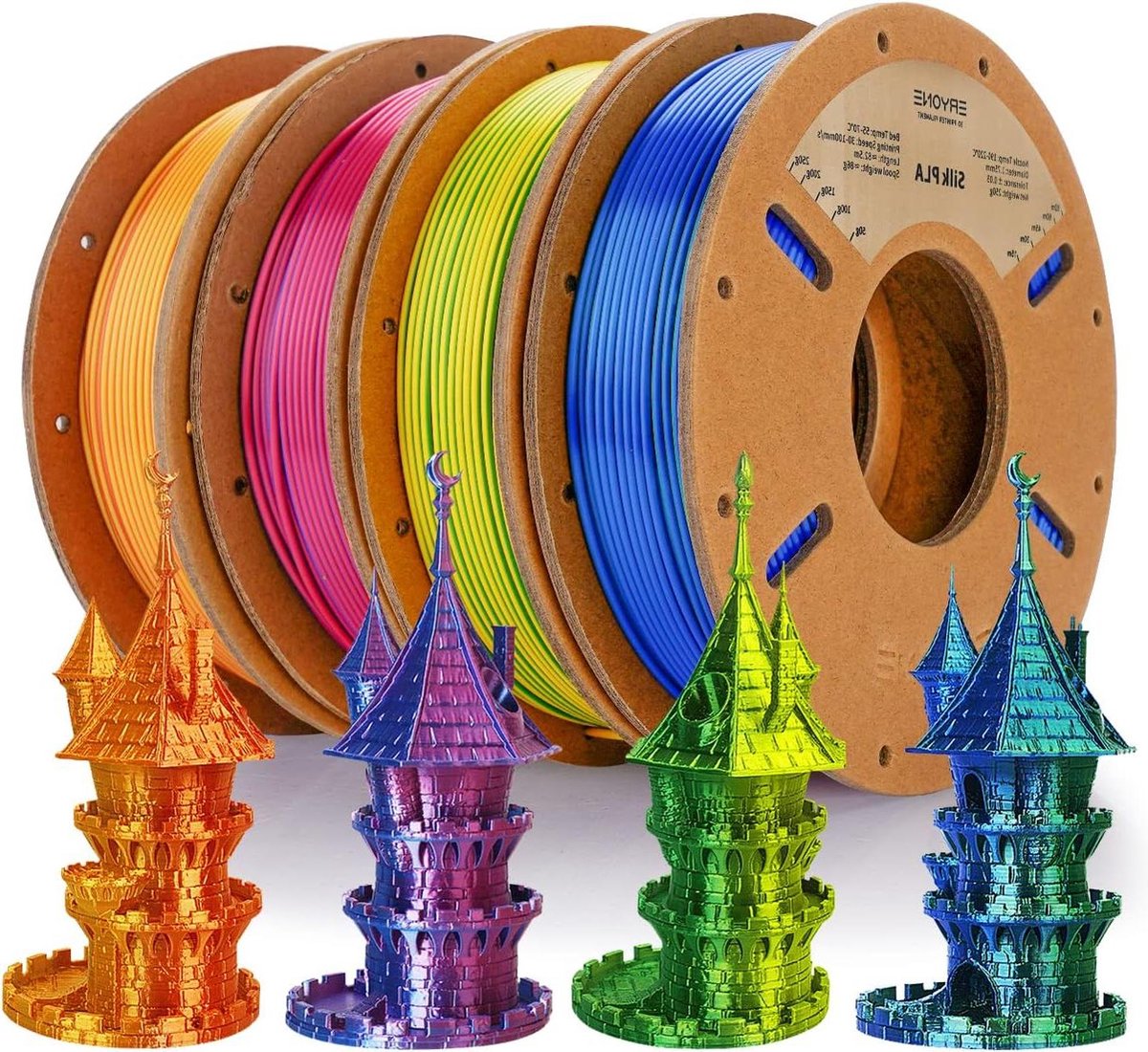 Dual Silk PLA Filament 1.75mm Rood-Blauw 4x250g/Pack +/-0.03mm 3D Printer Filament Geel-Goud-Groen-Roodmessing