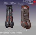 Zwarte peesbeschermers, met labels en ventilatie, 'Impact Gel Tendon Boots'.