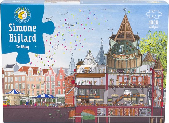 Puzzeldoos Simone Bijlard Puzzels 'De Waag', met afbeelding van de Waag en omliggende grachtenpanden, veel kleur en ballonnen.