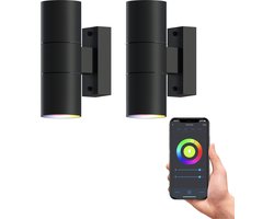 Calex Slimme Up & Down LED Wandlamp - Set van 2 Stuks - Zwart - RVS - Smart Buitenlamp - App bedienbaar - Voor binnen en Buiten