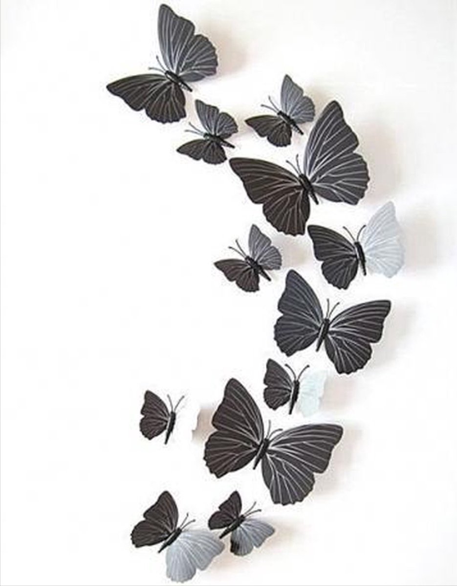 CHPN - Vlinders - 3D vlinders - Set van 12 - Zwartkleurige 3D Vlinders met Magneet en Sticker - Magnetisch - Muurdecoratie - Wanddecoratie - Verschillende afmetingen - Muursticker