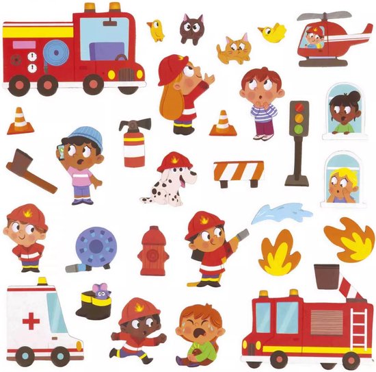 Collection d'aimants sur le thème des pompiers: camions de pompiers, ambulance, pompiers, animaux et plus.