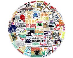 Stickers voor Drummers - 50 Stickers met Drumstellen, I love Drums, Drumsticks & Grappige teksten - 5x6CM - Muziek/Muziekinstrumenten
