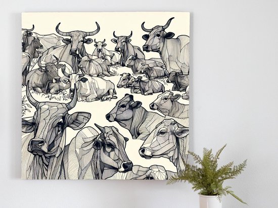 Line art koeien schilderij | Koeienparade in strakke lijnen: Een meesterwerk van vee | Kunst - 20x20 centimeter op Dibond | Foto op Dibond