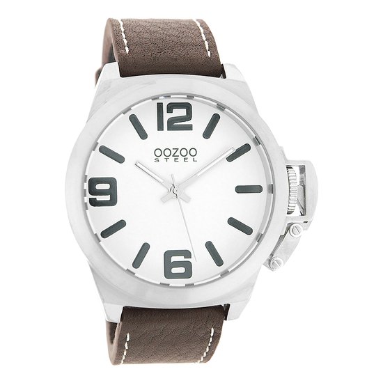 OOZOO Timepieces - Zilverkleurige horloge met bruine leren band - OS007