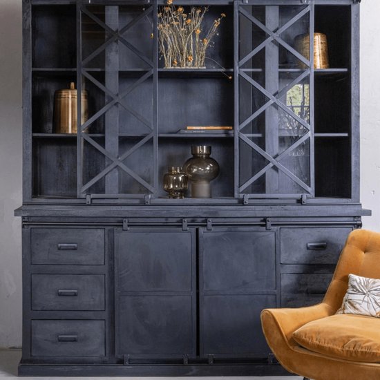 Mangohouten Buffetkast Denver Black 160×220 cm Dubbele Deurtjes X Mahom Industrieel – Vitrinekast van Mangohout & Metaal – Industriële Buffetkast
