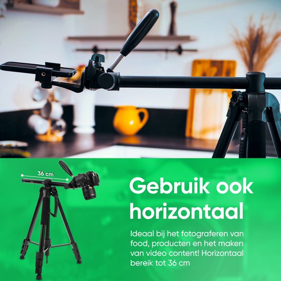 Zwarte statief met horizontale arm van 36cm voor food- en productfotografie.