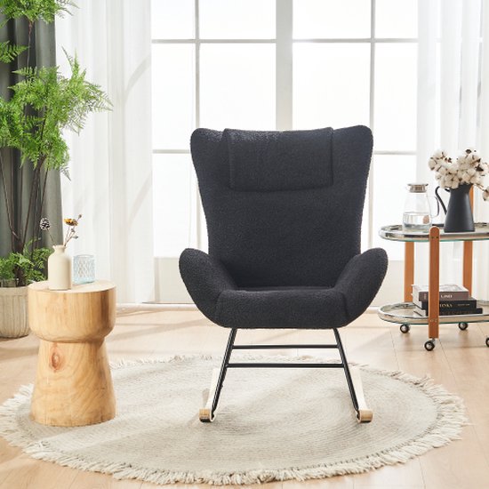 Black teddypluche schommelstoel, armleuningen met zakken, massief houten poten - stabiel en comfortabel style 2