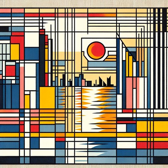 Olieverf mondriaan schilderij | Abstracte harmonie: dynamisch spel van kleur, vorm en lijn | Kunst - 100x100 centimeter op Dibond | Foto op Dibond