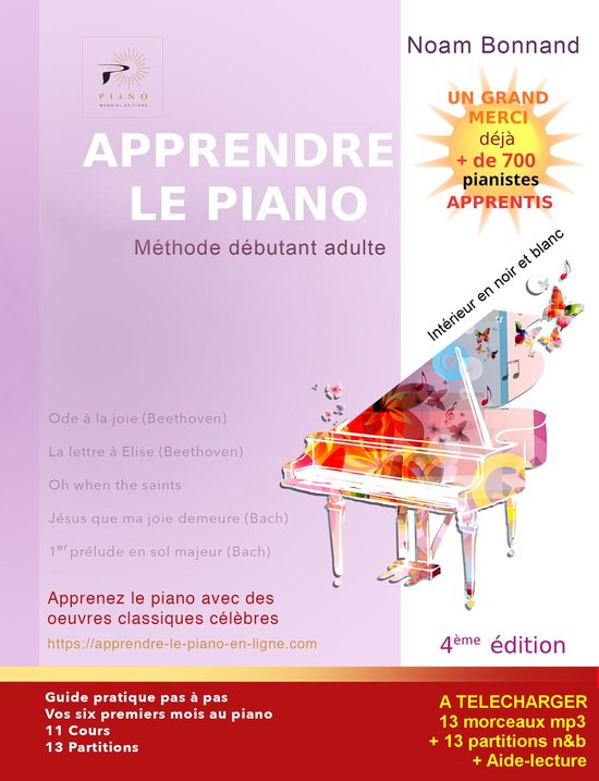 Boek 'Apprendre le piano' met een illustratie van een piano met muzieknoten en bloemen. Titel in het paars: 'APPRENDRE LE PIANO'.