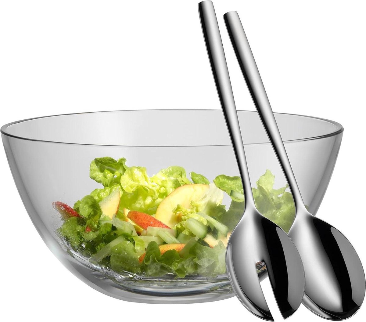 3-delige saladekomset - glazen saladebestek - gepolijst Cromargan - roestvrij staal - vaatwasmachinebestendig - diameter 25 cm
