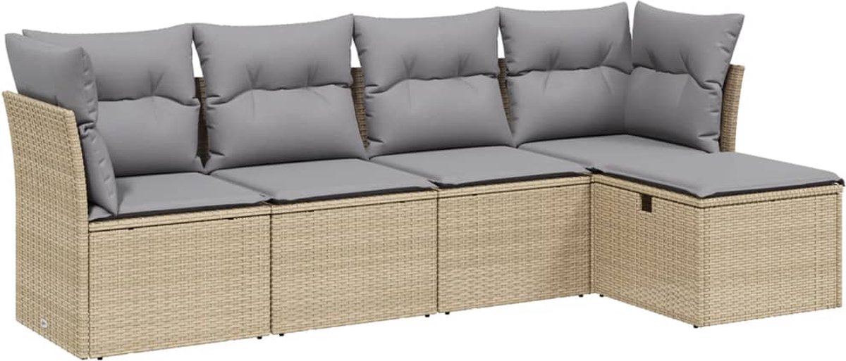 VidaXL 5-delige Loungeset met kussens poly rattan gemengd beige