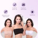 Trois soutiens-gorge bandeau sans coutures beiges, noirs et blancs, portés par des modèles. Icônes avec le texte "Soie douce et respirante", "Push-up subtil", "Tissu doux et élastique" et "Sans coutures".